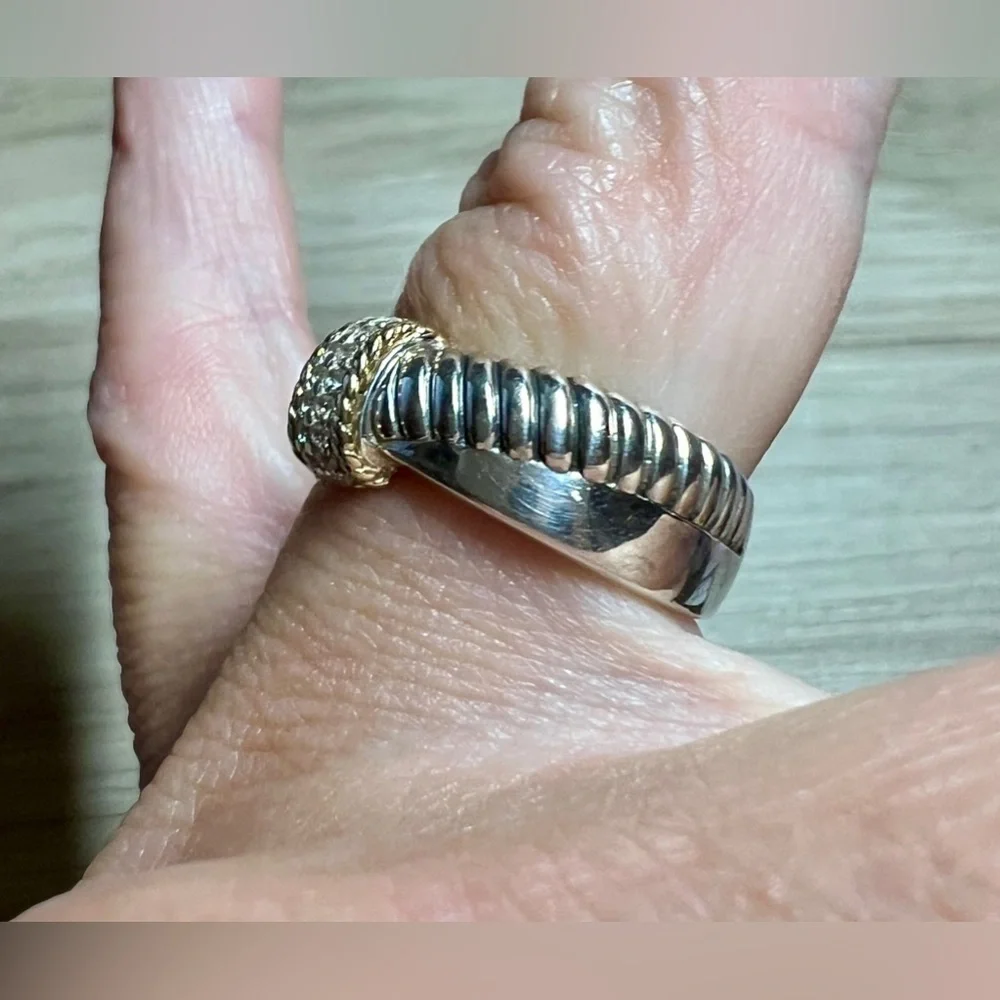 Vintage Designer Signed ATR Sterling Silver & 18K Gold Diamond Ring, Size 6